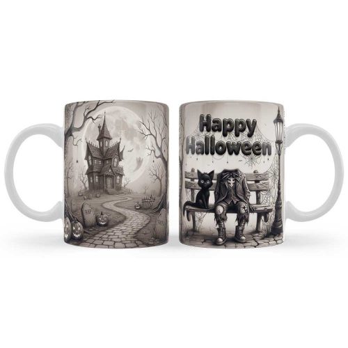 Vicces bögre, Halloween, Horror fekete macskával