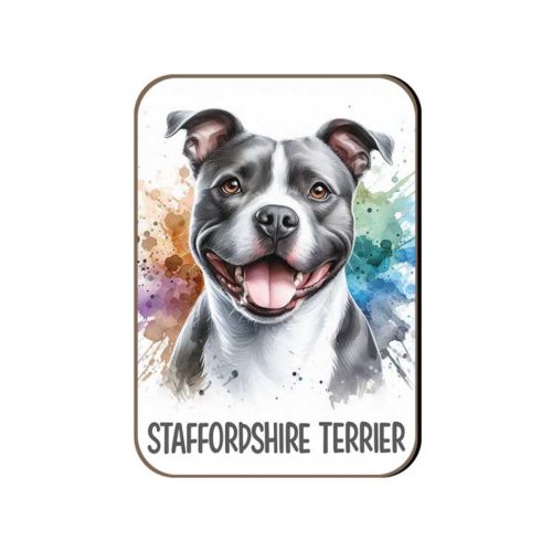 Kutyás fa hűtőmágnes, Staffordshire Terrier, szürke-fehér