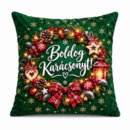   Karácsonyi plüss párna, Boldog karácsonyt, ünnepi mintával, zöld