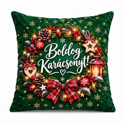Karácsonyi plüss párna, Boldog karácsonyt, ünnepi mintával, zöld