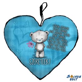 Szív alakú párna, kék szívvel maci, szeretlek