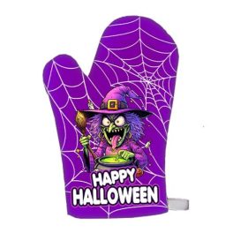   Vicces edényfogó kesztyű, főzőkesztyű, Happy Halloween, boszorkány, lila