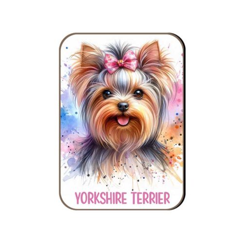 Kutyás fa hűtőmágnes, Yorkshire Terrier, masnis