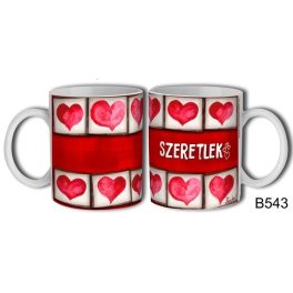 Szerelmes bögre, fehér alapon szívek, szeretlek