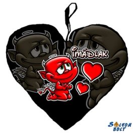 Szív alakú párna, Imádlak, fekete alapon ördög
