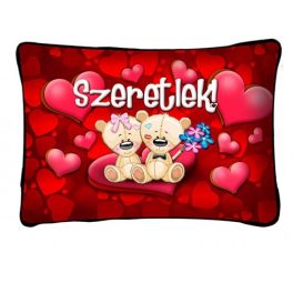   Díszpárna, macik és szívek, virággal, szerelmes ajándék
