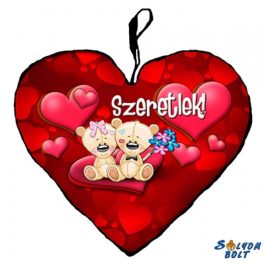 Szív alakú párna, macikák párban, virággal, szeretlek