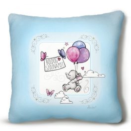   Kicsi plüss díszpárna, Boldog szülinapot, kis elefánt lufikkal, kék