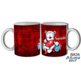 Szerelmes bögre, maci, szeretlek, piros alapon