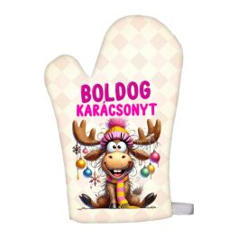 Karácsonyi edényfogó kesztyű, rénszarvas, rózsaszín
