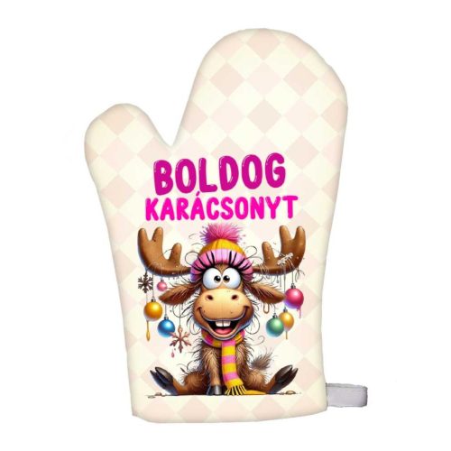 Karácsonyi edényfogó kesztyű, rénszarvas, rózsaszín