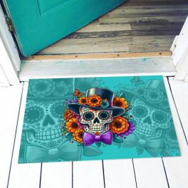 Vicces színes lábtörlő, Halloween, Cukorkoponya, türkiz