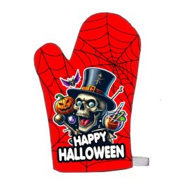   Vicces edényfogó kesztyű, főzőkesztyű, Happy Halloween, koponya, piros