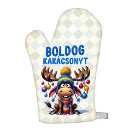 Karácsonyi edényfogó kesztyű, rénszarvas, kék