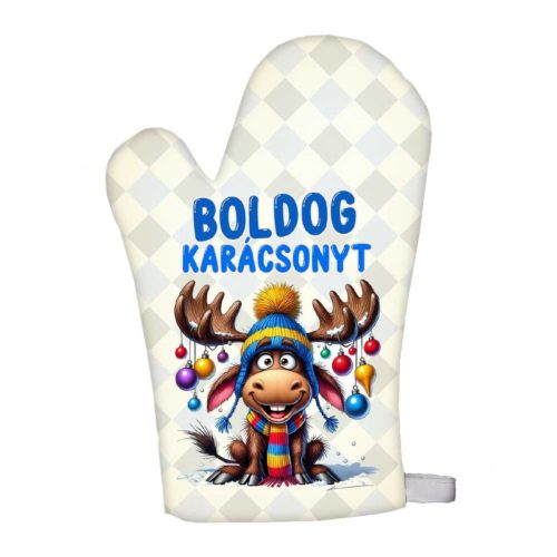 Karácsonyi edényfogó kesztyű, rénszarvas, kék