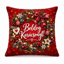   Karácsonyi plüss párna, Boldog karácsonyt, ünnepi mintával, piros
