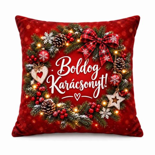 Karácsonyi plüss párna, Boldog karácsonyt, ünnepi mintával, piros