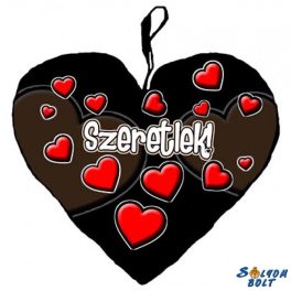 Szív alakú párna, fekete, szívek, szeretlek