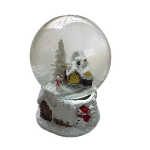Karácsonyi havazós gömb, hógömb, téli táj, 11 cm, fehér