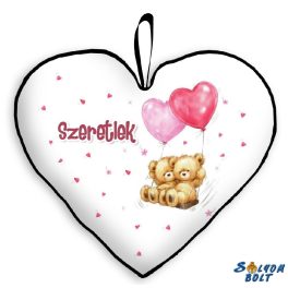 Szív alakú párna, macik szív lufikkal