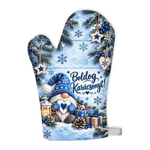 Karácsonyi edényfogó kesztyű, Boldog karácsonyt, kék manó