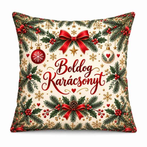 Karácsonyi plüss párna, Boldog karácsonyt, ünnepi mintával, világos