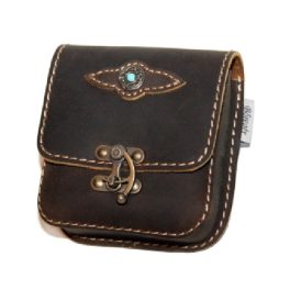   Barna bőr övtáska, egyfakkos, horgas csatos, kisebb, kék kővel, álló
