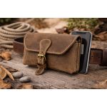 Telefon tok, bőr övtáska, nagyobb méretű, barna, fekvő, csatos
