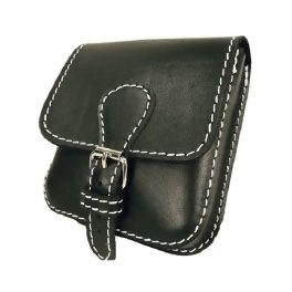   Fekete bőr övtáska, egyfakkos, csatos, kisebb, fehér varrással, álló