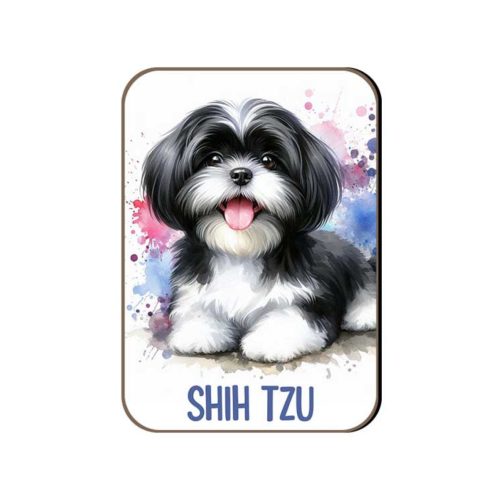 Kutyás fa hűtőmágnes, Shih-Tzu, fekete-fehér