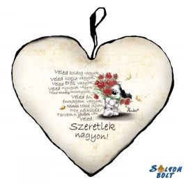   Szív alakú párna, Veled boldog vagyok, szeretlek, kutyus virágokkal