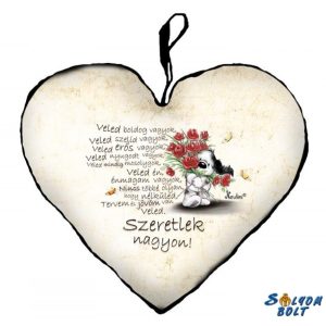 Szív alakú párna, Veled boldog vagyok, szeretlek, kutyus virágokkal Szív alakú párna, Veled boldog vagyok, szeretlek, kutyus virágokkal