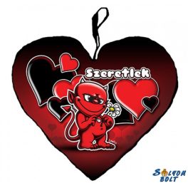Szív alakú párna, ördög virágot tép, szeretlek