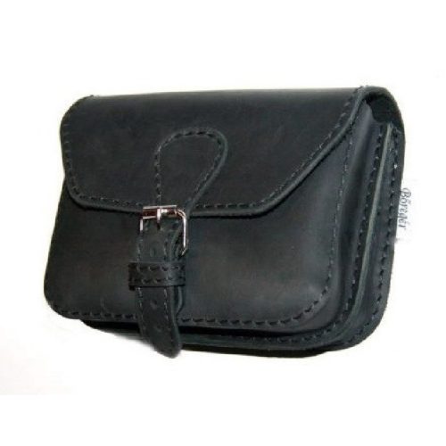 Fekete bőr övtáska, dupla fakkos, csatos, fekvő