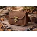 Barna bőr övtáska, dupla fakkos, horgas csatos, fekvő