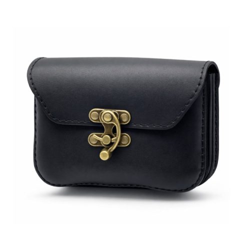 Fekete bőr övtáska, dupla fakkos, horgas csatos, fekvő