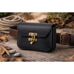 Fekete bőr övtáska, dupla fakkos, horgas csatos, fekvő