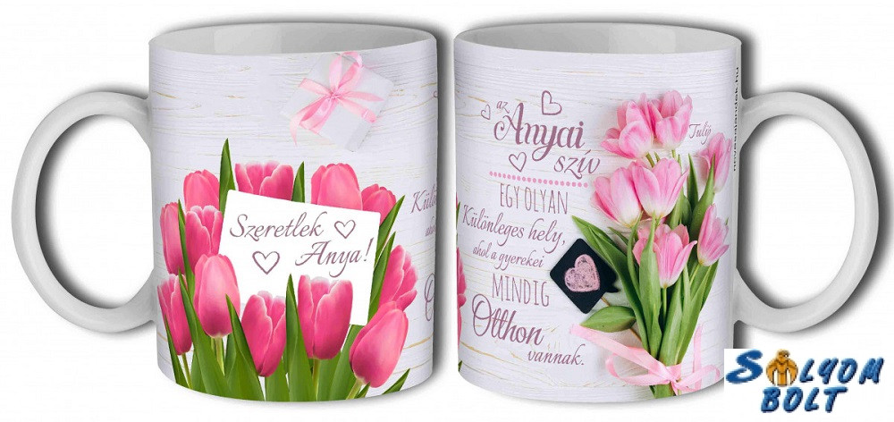 Bögre, Anyák napja, rózsaszín tulipánok, anya